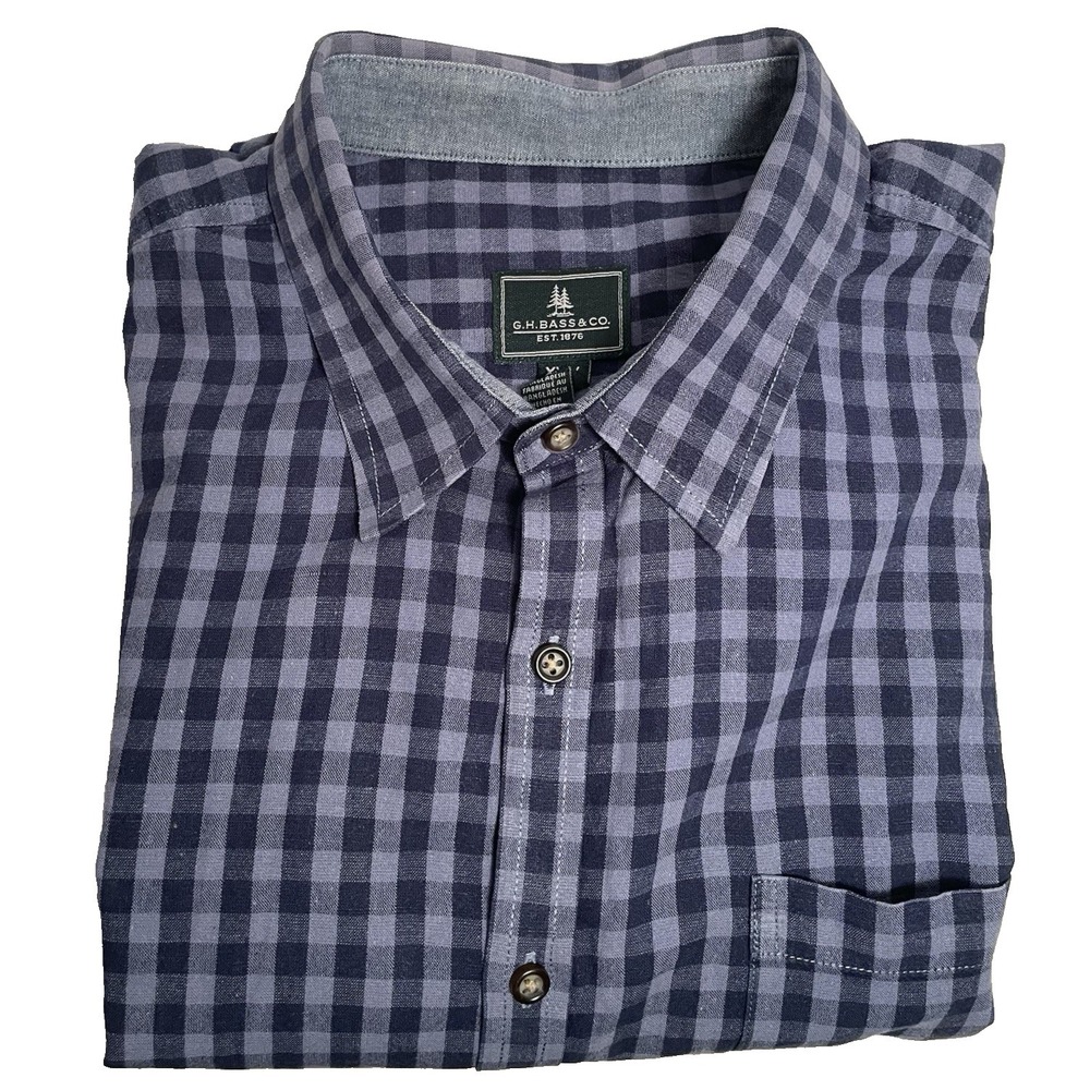 GH Bass & Co Button-Up Shirt Men XXL Navy Long Sleeve Check Cotton Linen Med Wt